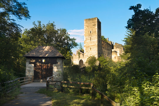 Ruins of Kaja castle. View of the entrance gate and the tower, Austria