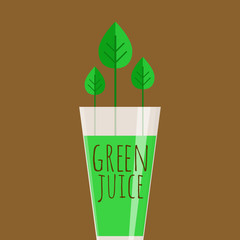 Glass of green juice with green leaves growing out of it. Healthy juice on brown background as a healthy drink. Well-being vector illustration.