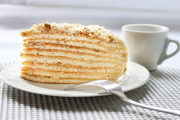 Piece of layer cake with custard and walnuts on a plate
