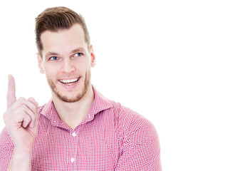 Fototapeta premium Excited man pointing a great idea - isolated over a white backgr