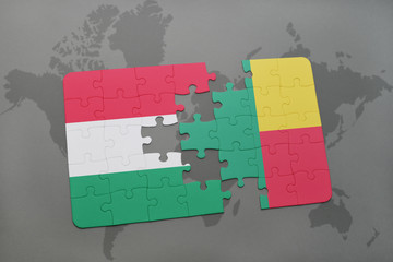 puzzle with the national flag of hungary and benin on a world map