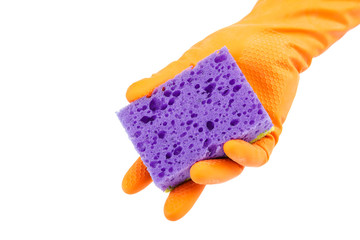 Hand in rubber glove with sponge on white.