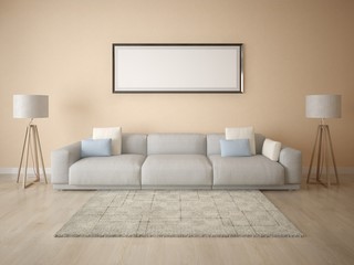 Mock up poster with a comfortable sofa on a beige background.