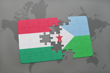 puzzle with the national flag of hungary and djibouti on a world map