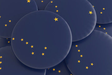 Naklejka premium US State Buttons: Pile of Alaska Flag Badges, 3d illustration