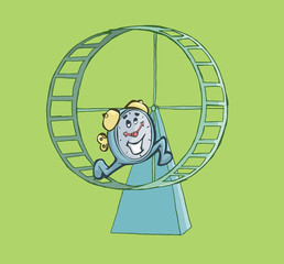 Happy clock running on a hamster wheel. Deadline Concept.