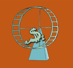 Dollar sign running on a hamster wheel. Finance Concept.