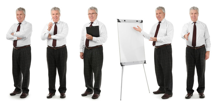 Collage of business trainer on white background