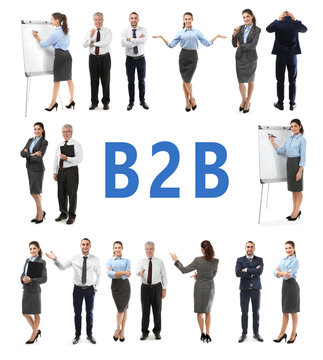 Collage of business people on white background. Text B2B