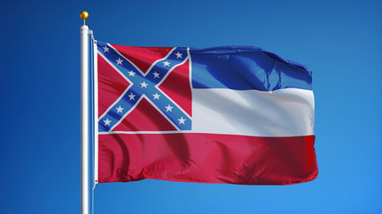 Mississippi (U.S. state) flag waving against clear blue sky, close up, isolated with clipping path mask alpha channel transparency, perfect for film, news, composition