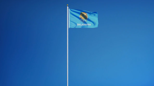 Oklahoma (U.S. state) flag waving against clear blue sky, long shot, isolated with clipping path mask alpha channel transparency, perfect for film, news, composition