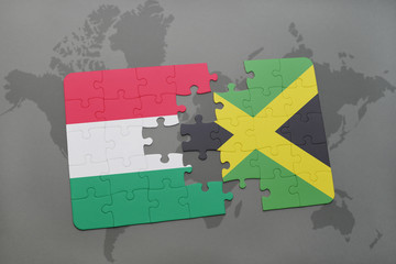 puzzle with the national flag of hungary and jamaica on a world map