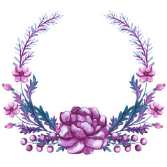 Wreath With Watercolor Dark Peony And Leaves