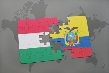 puzzle with the national flag of hungary and ecuador on a world map