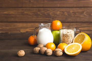 concept food allergies on wooden background