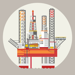 Drilling rig at sea. Oil platform, gas fuel, industry offshore, drill technology, flat vector illustration. Ecology Concept .