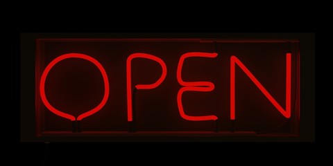 a 3d, render of a neon light open sign.