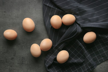 Raw eggs on color background