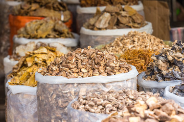 Selection of mushroom on a market in Hanoi, Vietnam