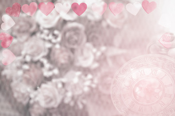 Pink red hearts over roses blended with vintage pocket watch for valentine background, filtered tones