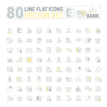 Vector graphic set. Icons in flat, contour, thin and linear design.Bank building.Economy, currency, and commerce.Protection of bank vault. Euro, dollar and gold.Concept sign, symbol for Web site, app.