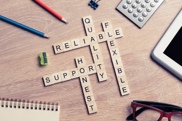 Conceptual business keywords on table with elements of game making crossword