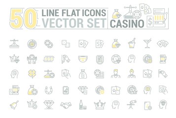 Vector graphic set of icons in flat, contour, thin and linear design. Las Vegas. Slot machine, casino, poker. Gambling. Concept infographics for entertainment city for Web site and app.