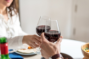 Happy couple toasting with wine at home