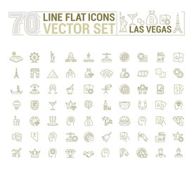 Obraz premium Vector graphic set of icons in flat, contour, thin and linear design. Las Vegas. Slot machine, casino, poker. Gambling. Concept infographics for entertainment city for Web site and app.