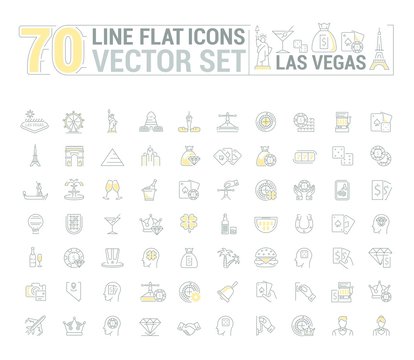 Vector graphic set of icons in flat, contour, thin and linear design. Las Vegas. Slot machine, casino, poker. Gambling. Concept infographics for entertainment city for Web site and app.