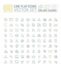Fototapeta na wymiar Vector graphic set of icons in flat, contour, and linear design. Internet slot machine. Online casino, gambling and poker.Virtual card game. Paid entertainment. Concept illustration for Web site, app.