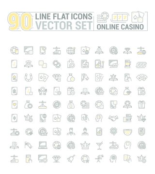 Vector graphic set of icons in flat, contour, and linear design. Internet slot machine. Online casino, gambling and poker.Virtual card game. Paid entertainment. Concept illustration for Web site, app.