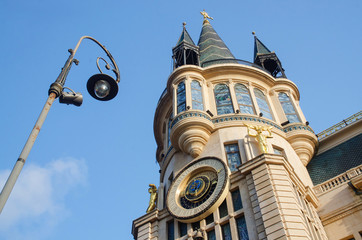 Fototapeta na wymiar Old building in art nouveau style and vintage lantern,Georgia