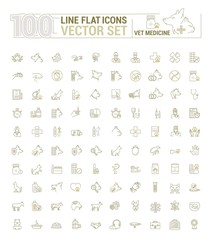 Vector graphic set. Icons in flat, contour, thin and linear design.Veterinary Medicine. Treatment, diagnosis and symptoms of pet disease.Consultation of doctor. Concept sign, symbol for Web site, app.