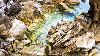 Saliara Beach (called Marble Beach), beautiful white beach in Thassos island, Greece. Landscape with water and rocks at sunset. Fish eye lens effects
