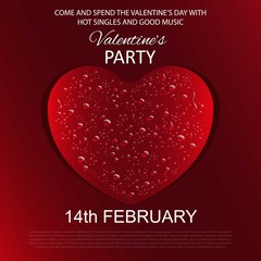 Water drops on a red heart. Valentine's day party invitation