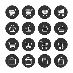 Shopping baskets thin line icons set in black circles. Vector illustration