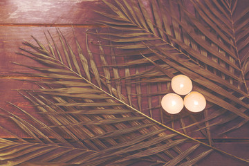 Palm leaves on a wooden surface