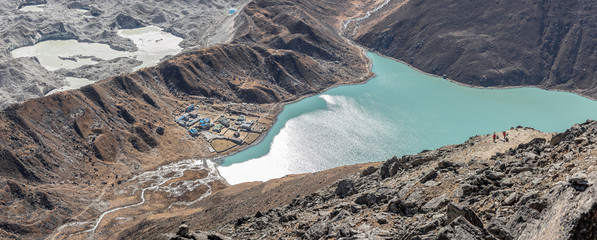 Panoramic view (high resolution) from the Gokyo Ri in the glacier, village, and the third lake (Dudh Pokhari) - Nepal
