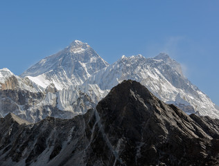View of Mt. Everest (8848 m) and Lhotse (8516 m) from the Renjo Pass - Gokyo region, Nepal,...