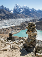 The view from the Gokyo Ri in the glacier, village, and the third lake (Dudh Pokhari) - Nepal