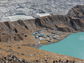 The view from the Gokyo Ri in the glacier, village, and the third lake (Dudh Pokhari) - Nepal