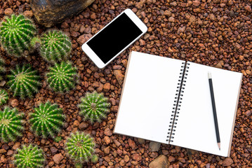 View from above of office supplies on a nature background.
