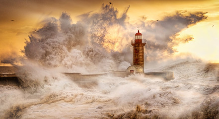 Sunset on a stormy day at the Douro Lighthouse, Porto, Portugal