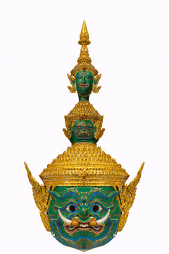 Photo of Thai drama giant mask of Ramayana. Thai "Khon" mask "Tossakan", King giants from "Ramakien" story with white isolated white background