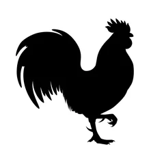 Foto op Plexiglas Vector illustration. Black silhouette of a rooster standing on one leg. Isolated on a white background. © Natwood-K