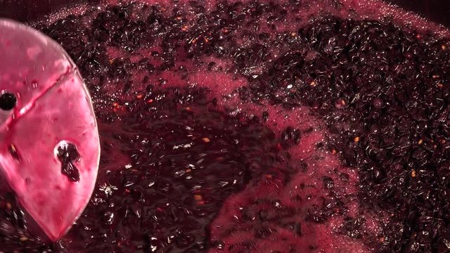 Harvest red vine-Cellar, Worker processing freshly harvested grapes in barrel 