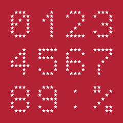 Star numbers, white isolated on red background, vector illustration.