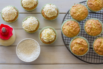 Coconut Snowball Cupcakes from Above on a White Wooden Table