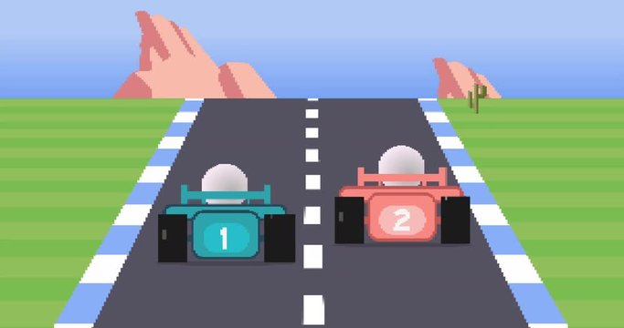 A simulated 1980s 8-bit racing video game animation.	